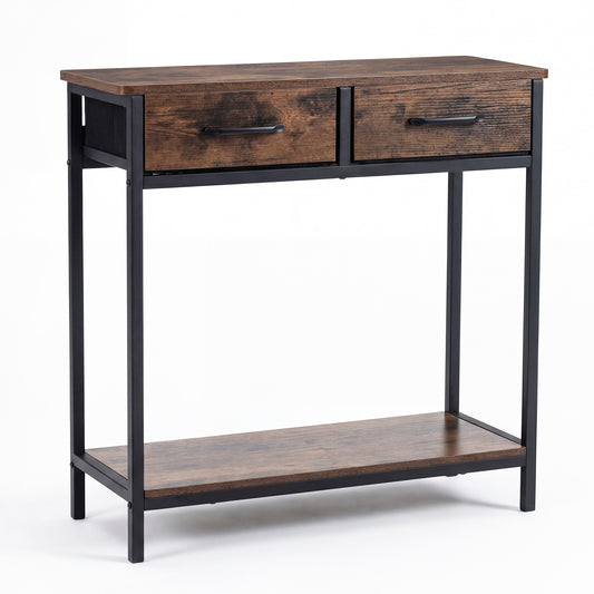 Narrow Console Table w/2 Fabric Drawers Open Compartment with rustic brown finish and black metal frame