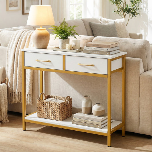 The console table is styled in a living room with a lamp, books and a plant on top