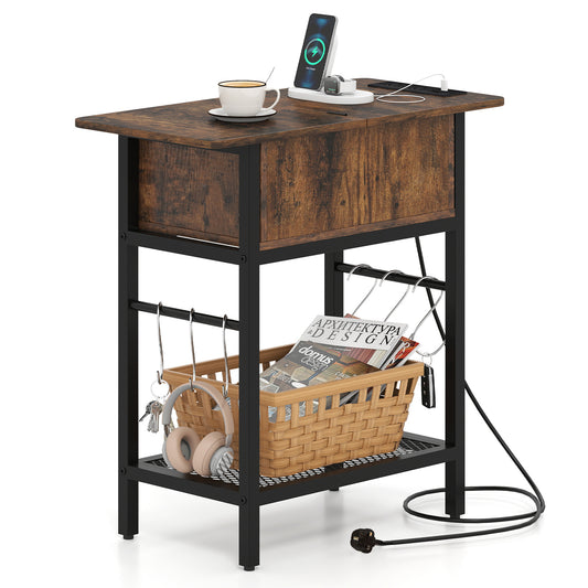 Narrow End Table Skinny Sofa with a charging station and storage basket on the bottom shelf