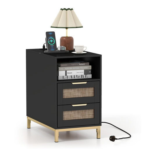 Narrow End Table with charging station and two drawers in black with gold legs
