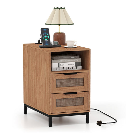Narrow End Table with charging station and two drawers in natural wood effect finish