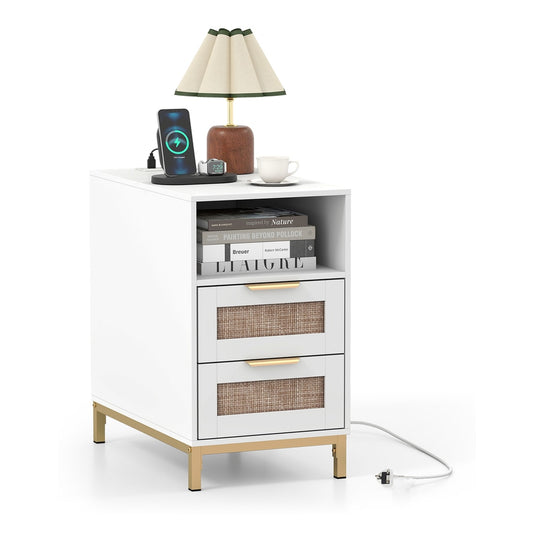 Narrow End Table with charging station and two drawers in white with gold legs