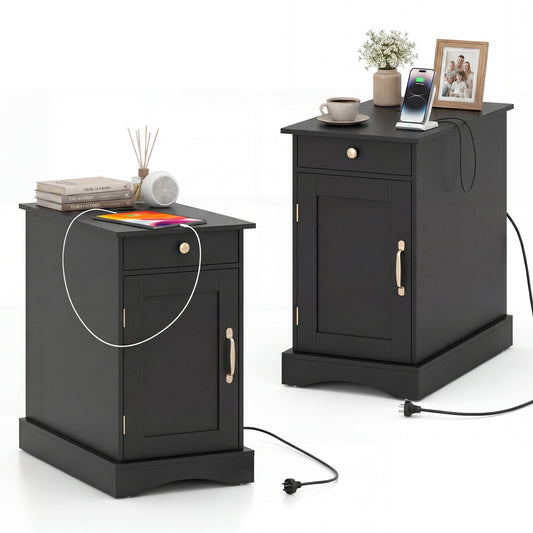 Narrow Nightstand Set of 2 displayed together with charging cables and decorative items on top