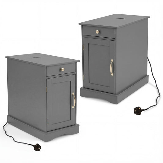 Narrow Nightstand Set of 2 with charging station and drawer in grey