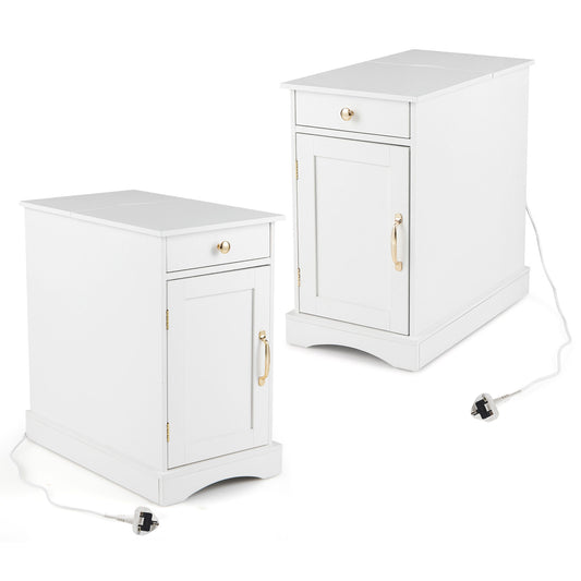 Narrow Nightstand Set of 2 with charging station and drawer in white