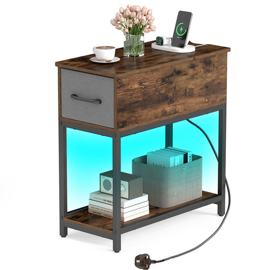 Narrow Side Table with charging station and LED lights in rustic brown wood effect
