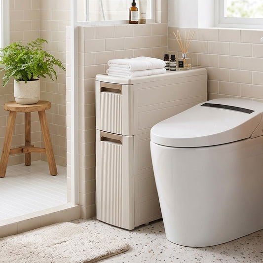 The cabinet placed in a modern bathroom next to a toilet with towels on top