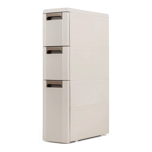 Narrow storage cabinet with 2/3/4 drawers and wheels-3 drawers in a neutral colour with three drawers