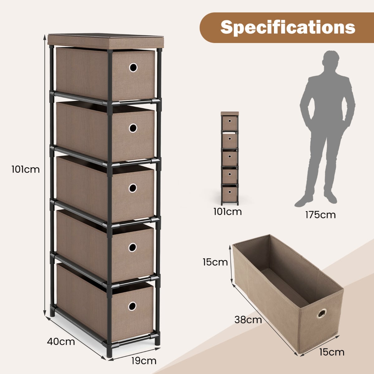 Narrow Dresser with 5 Drawers Slim Storage Tower with Metal Frame-Coffee