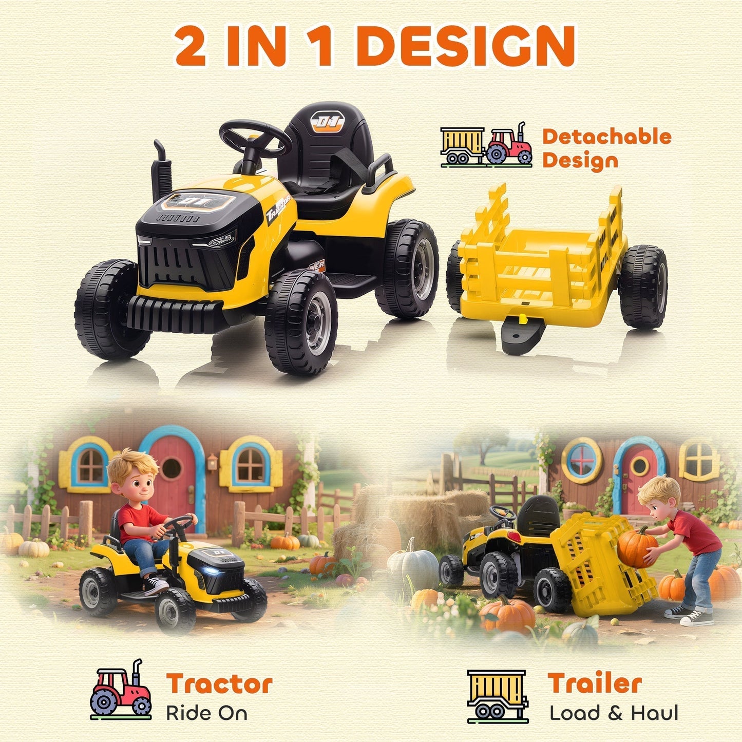 AIYAPLAY 12V Ride on Tractor and Trailer with Remote Control, Music, Shifter, Start-Up Sound, for Kids Ages 3-8 Years, Yellow