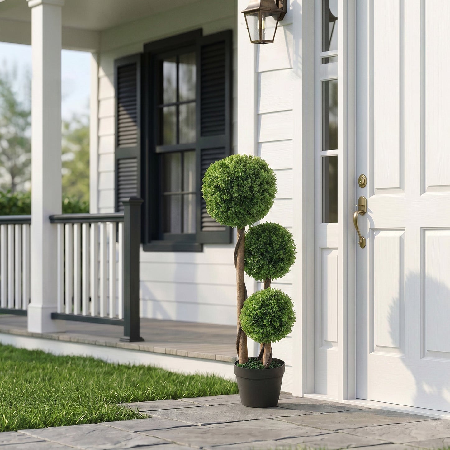 HOMCOM Decorative Artificial Trees Boxwood Ball Topiary Trees Set of 2 in Pot, Fake Plants for Home Indoor Outdoor Decor