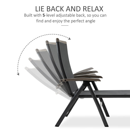 Outsunny Set of 2 Outdoor Folding Sun Loungers, 5-Position Adjustable Chaise Lounge Chairs with Aluminium Frame for Patio, Garden, Grey