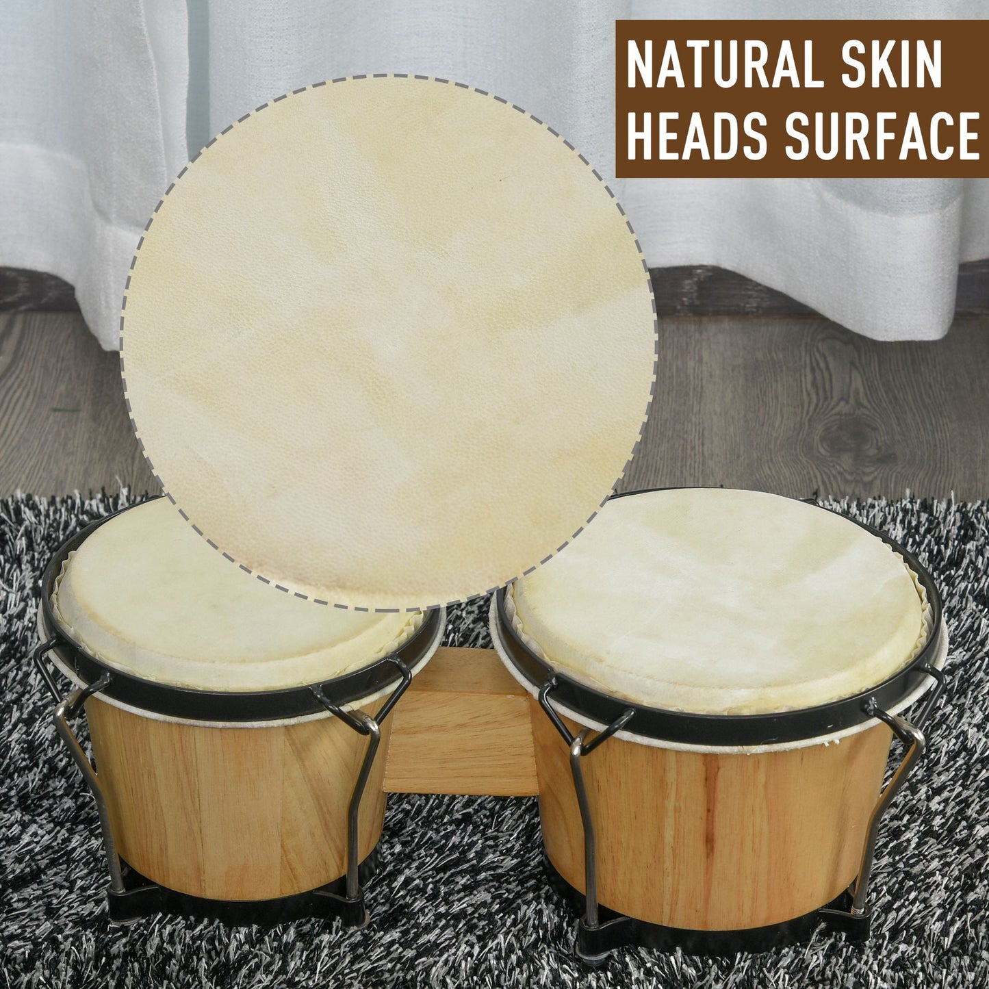 HOMCOM Wooden Bongo Drum Set a7.75" & a7" w/ Drum Head, Percussion Instrument, Drums, Tuning Wrench For Adults Beginners
