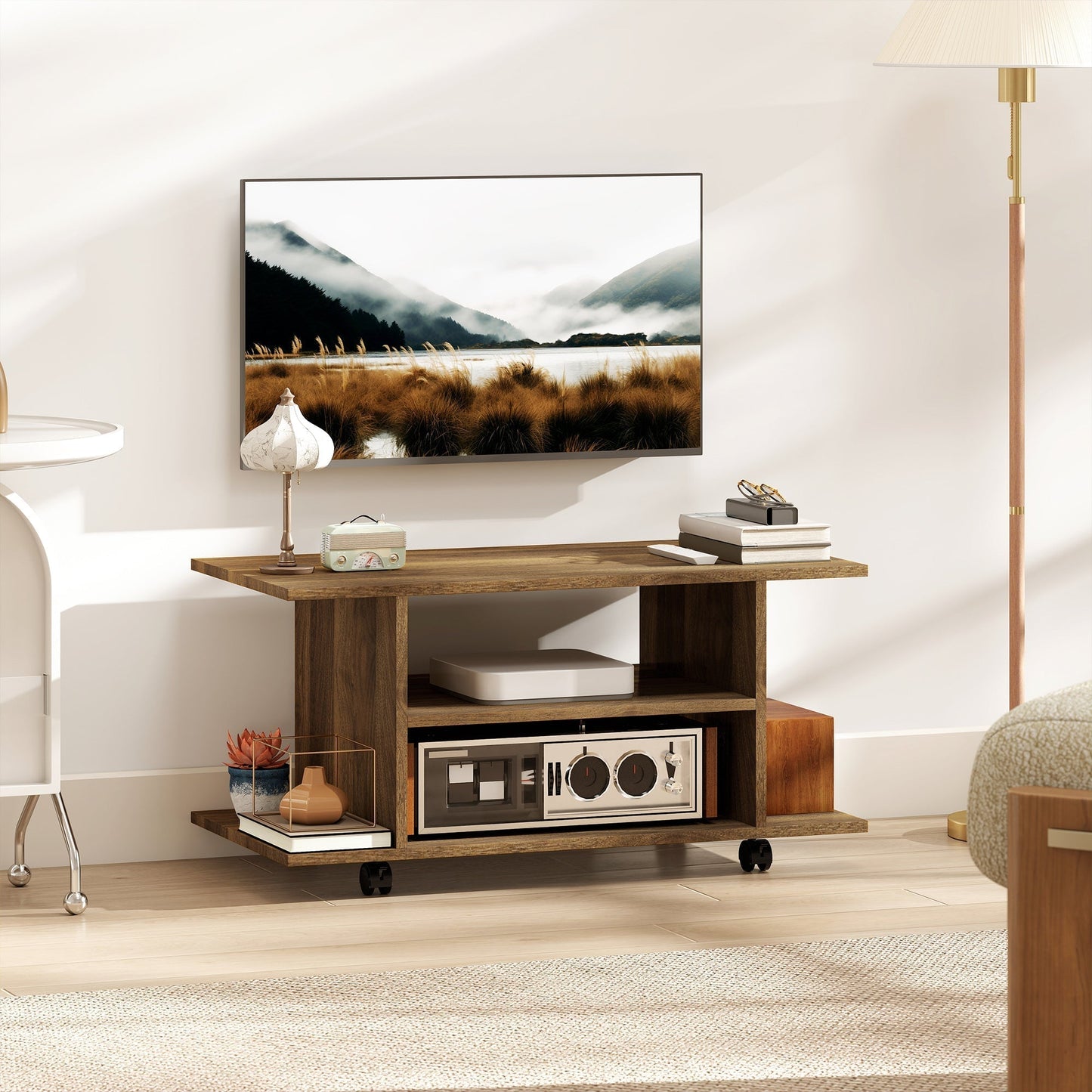 HOMCOM Modern TV Cabinet Stand Storage Shelves Table Mobile Bedroom Furniture Bookshelf Bookcase Walnut