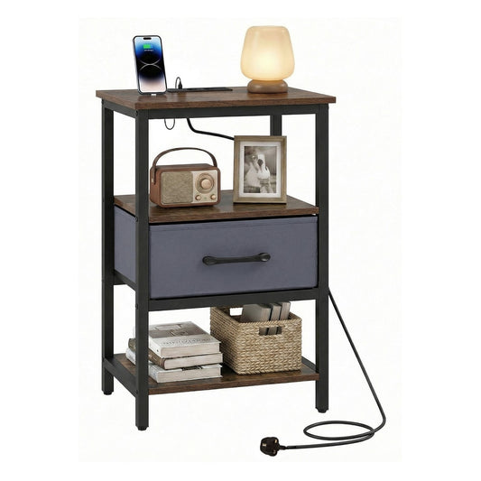 Nightstand Bedside Table with Charging Station and Drawer styled with a lamp, radio and books