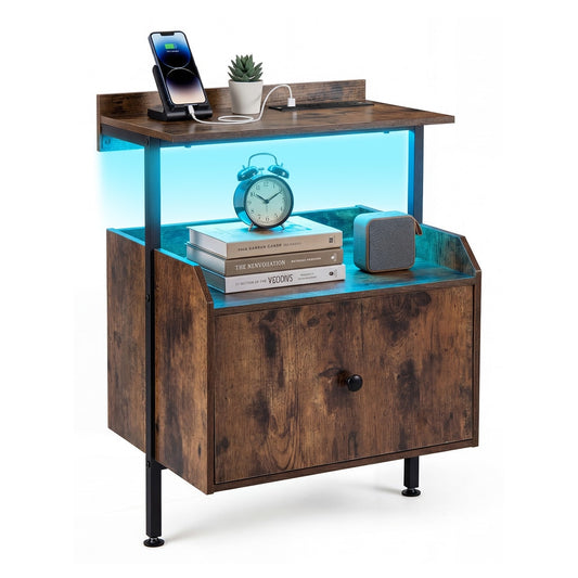 Nightstand Bedside Table with Charging Station and LED Light showing the top shelf with a phone charging, an alarm clock and