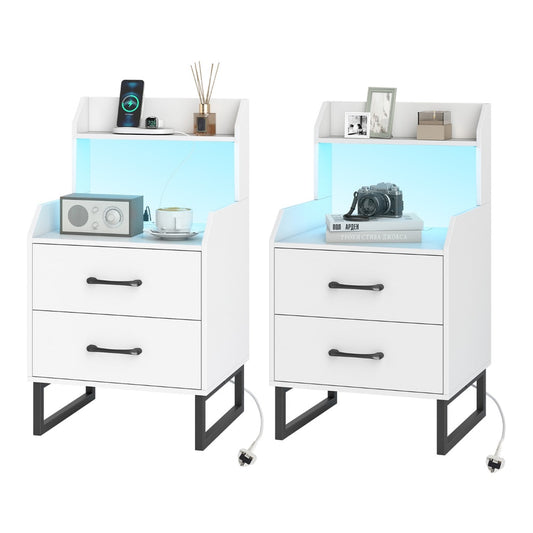 Nightstand Modern Bedside Table Set of 2 with built-in charging station in white