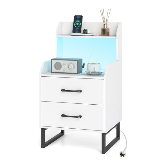 Nightstand Modern Bedside Table with Built-in Charging Station in white with blue LED lighting
