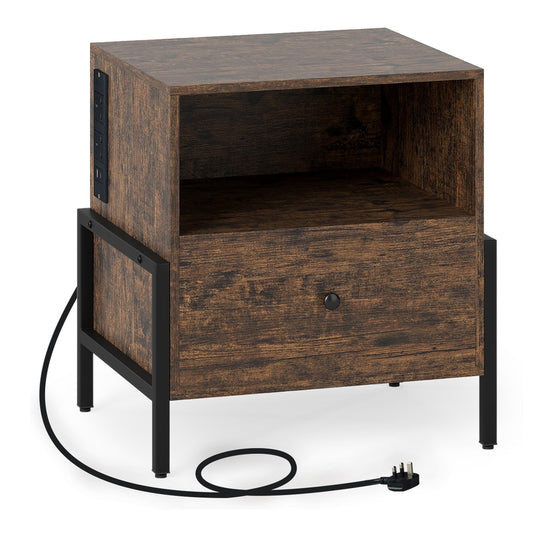 Nightstand with Charging Station 3-Tier Bedside Table with Drawer in brown with black metal frame