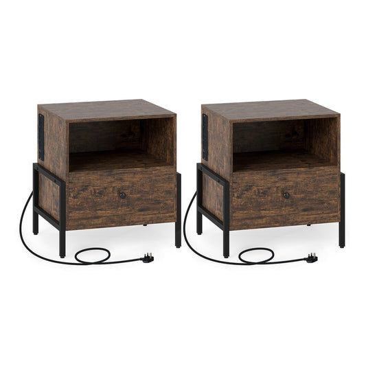 Nightstand with Charging Station 3-Tier Bedside Table with Drawer Set of 2-Brown