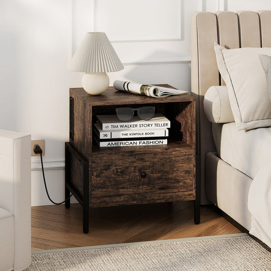 Brown bedside table with a drawer and open shelf, with a lamp and books on top