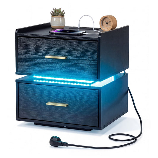Nightstand with Charging Station and 2 Storage Drawers in black with blue LED lighting