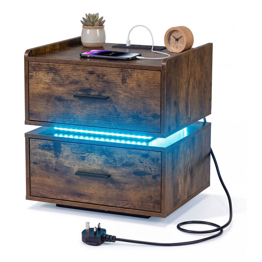 Nightstand with Charging Station and 2 Storage Drawers in rustic brown with built-in LED lighting and a UK plug