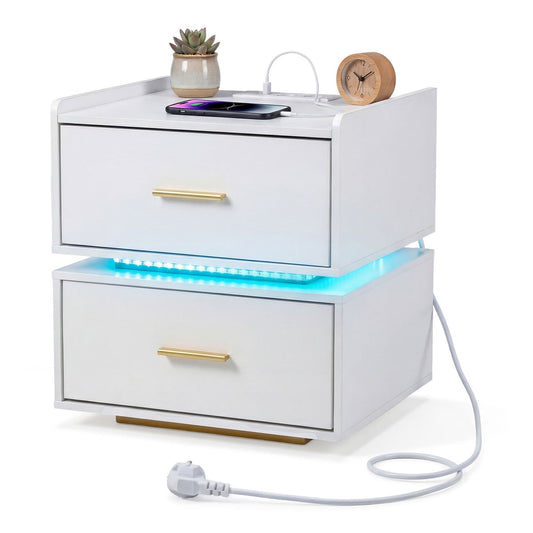 Nightstand with Charging Station and 2 Storage Drawers in white with gold handles and blue LED light