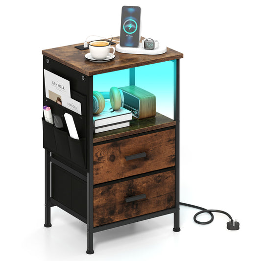 Nightstand with Charging Station and Folding Fabric Drawers in rustic brown with two drawers and side storage pockets