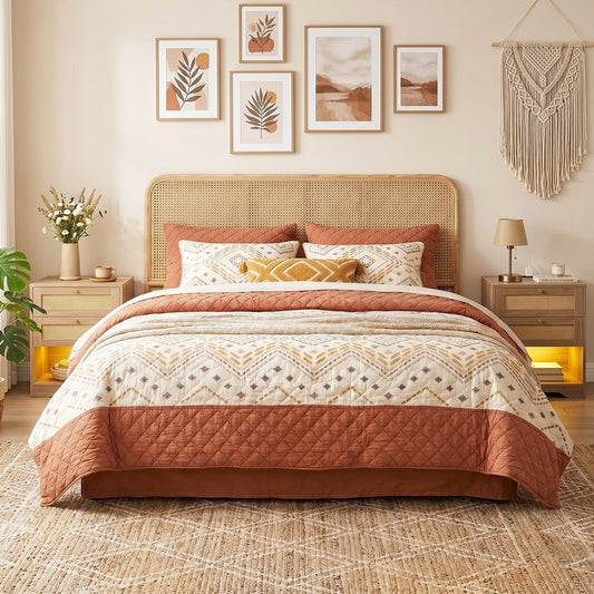 Two oak nightstands with cane detailing and open storage flanking a bed in a bedroom