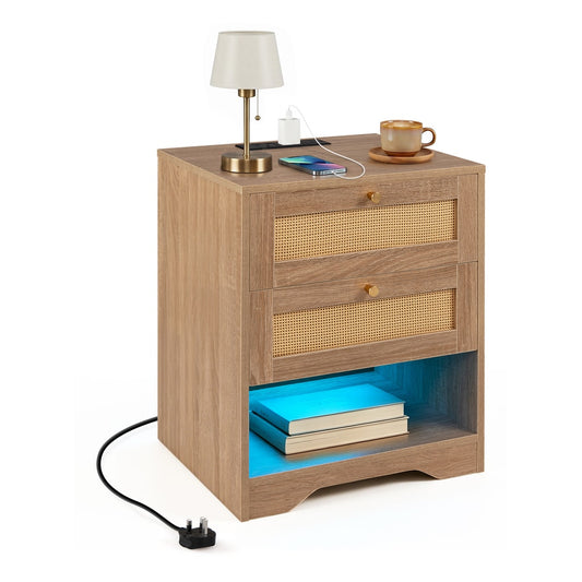 Nightstand with Charging Station and Open Storage in oak finish with cane detailing and integrated LED lighting