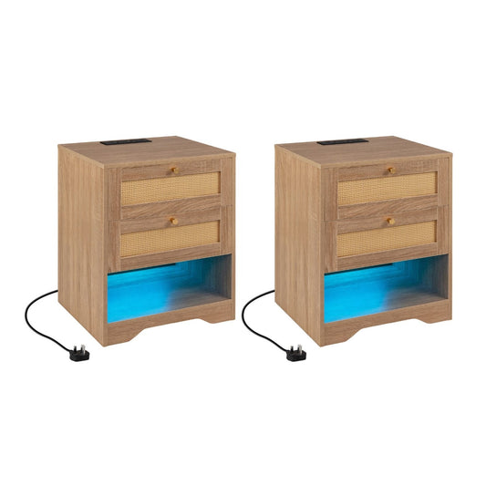Nightstand with Charging Station and Open Storage for Bedroom Set of 2-oak, two units side by side with blue LED lighting