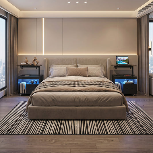 Two black nightstands with charging stations in a modern bedroom