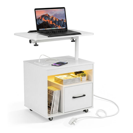 Nightstand with Charging Station and Rotatable Tabletop on Wheels for Bedroom-White, showing the front with a laptop on the