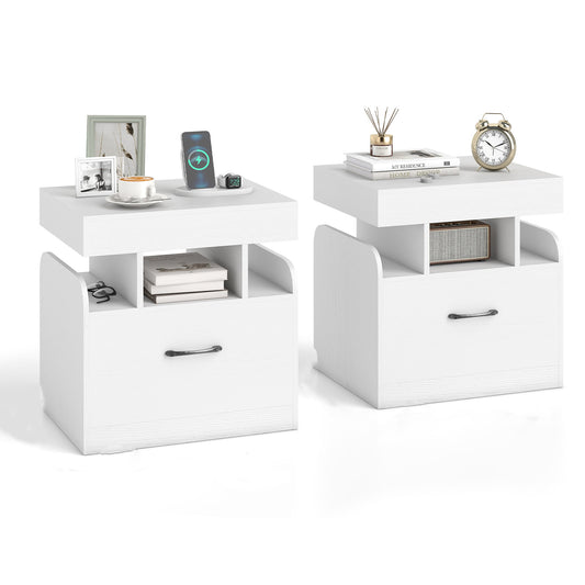 Nightstand with Charging Station Set of 2 white bedside tables with drawers and open shelves