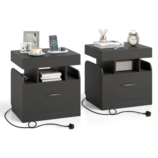 Nightstand with Charging Station Set of 2 with drawer and sliding top storage in black