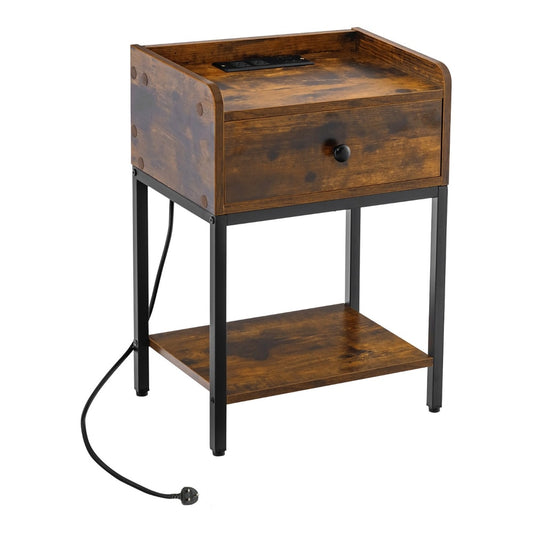 Nightstand with Charging Station Storage Drawer and Open Shelf in rustic brown with a drawer and open shelf