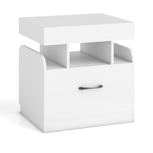 Nightstand with Charging Station in white with a drawer and open storage compartments