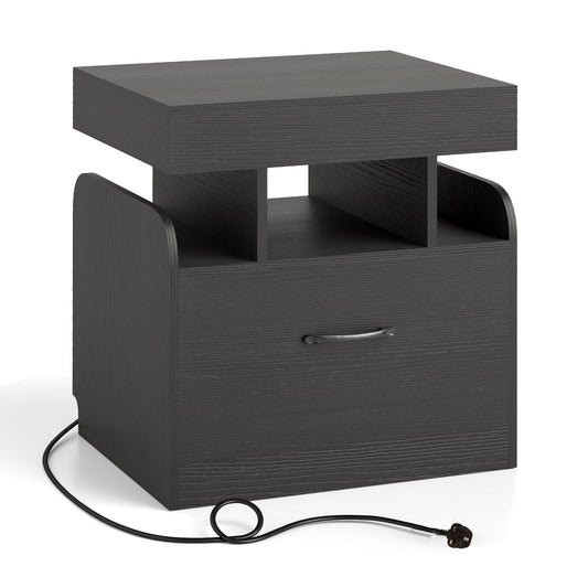 Nightstand with Charging Station in black with a drawer and open storage shelf