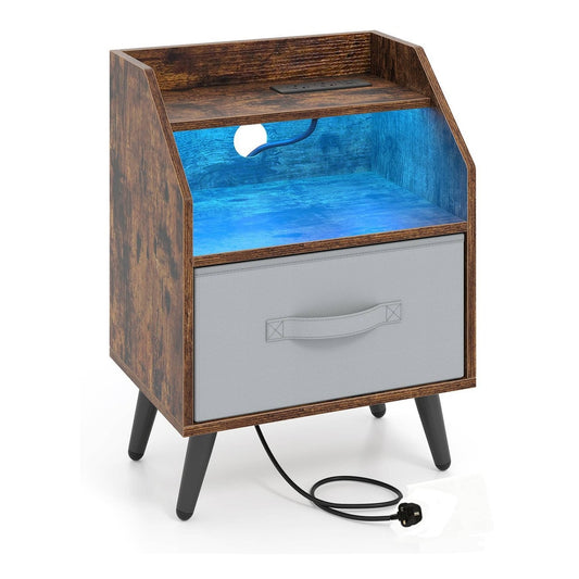 Nightstand with LED Lights and Power Outlets for Living Room Bedroom-Rustic Brown with a drawer and shelf