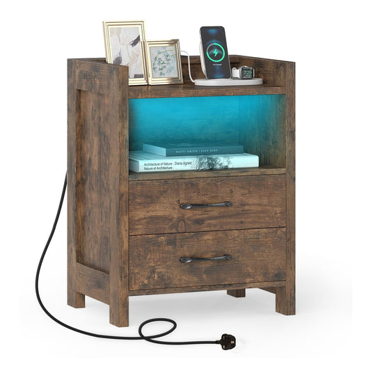Nightstand with LED Lights featuring two drawers and an open shelf with blue lighting