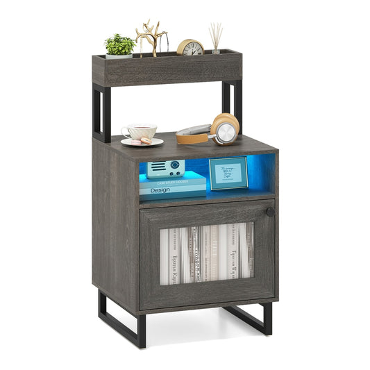 Nightstand with LED Lights Modern End Table in grey with a top tray and open shelf with blue light