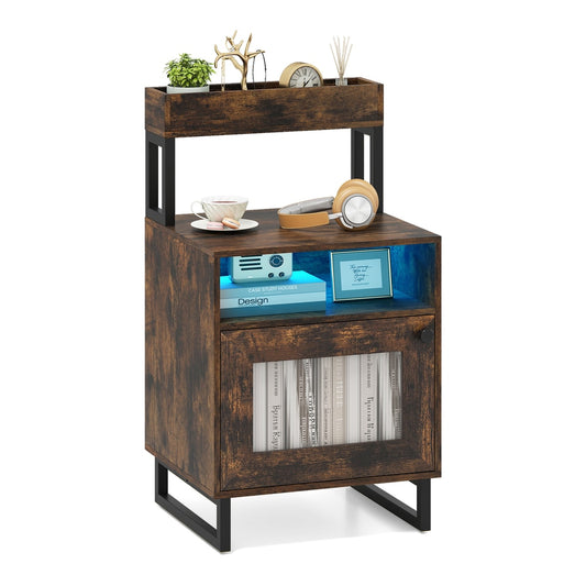 Nightstand with LED Lights Modern End Table with top tray in rustic brown