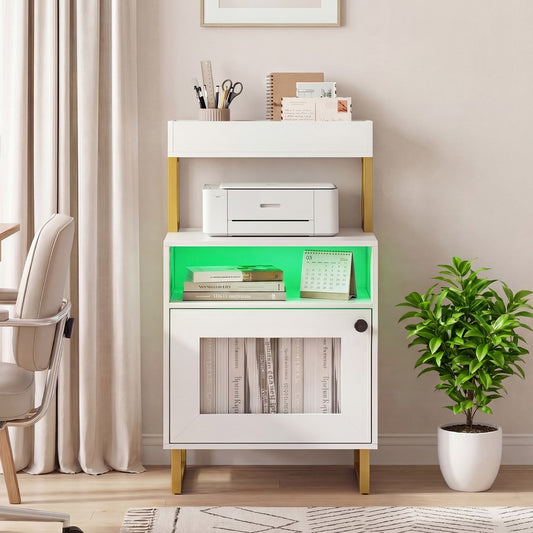 The end table placed in a home office setting with a printer on the middle shelf