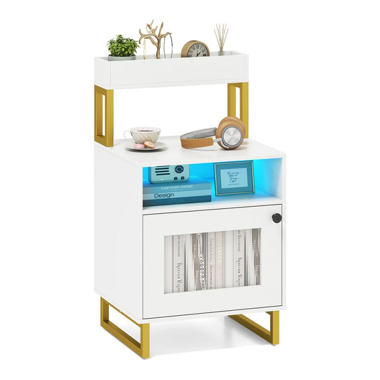 Nightstand with LED Lights Modern End Table in white with gold legs and a top storage tray