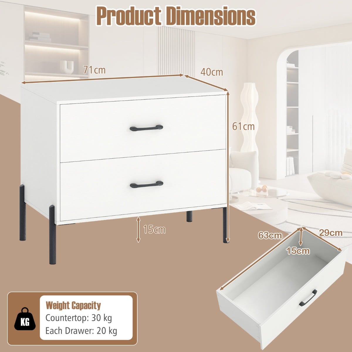 Nightstand with 2 Removable Drawers and Heavy Duty Metal Legs-White