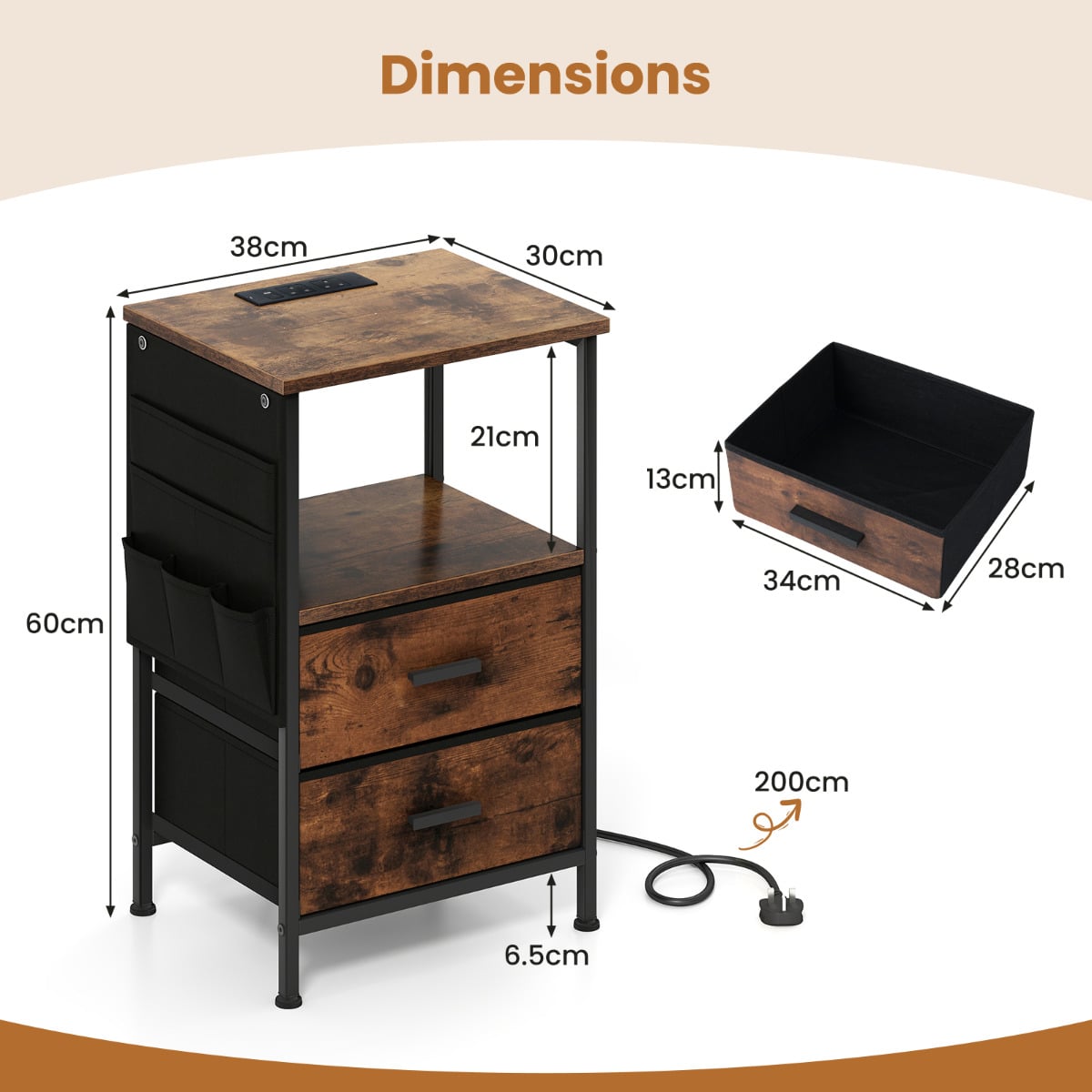Nightstand with Charging Station and Folding Fabric Drawers-Rustic Brown