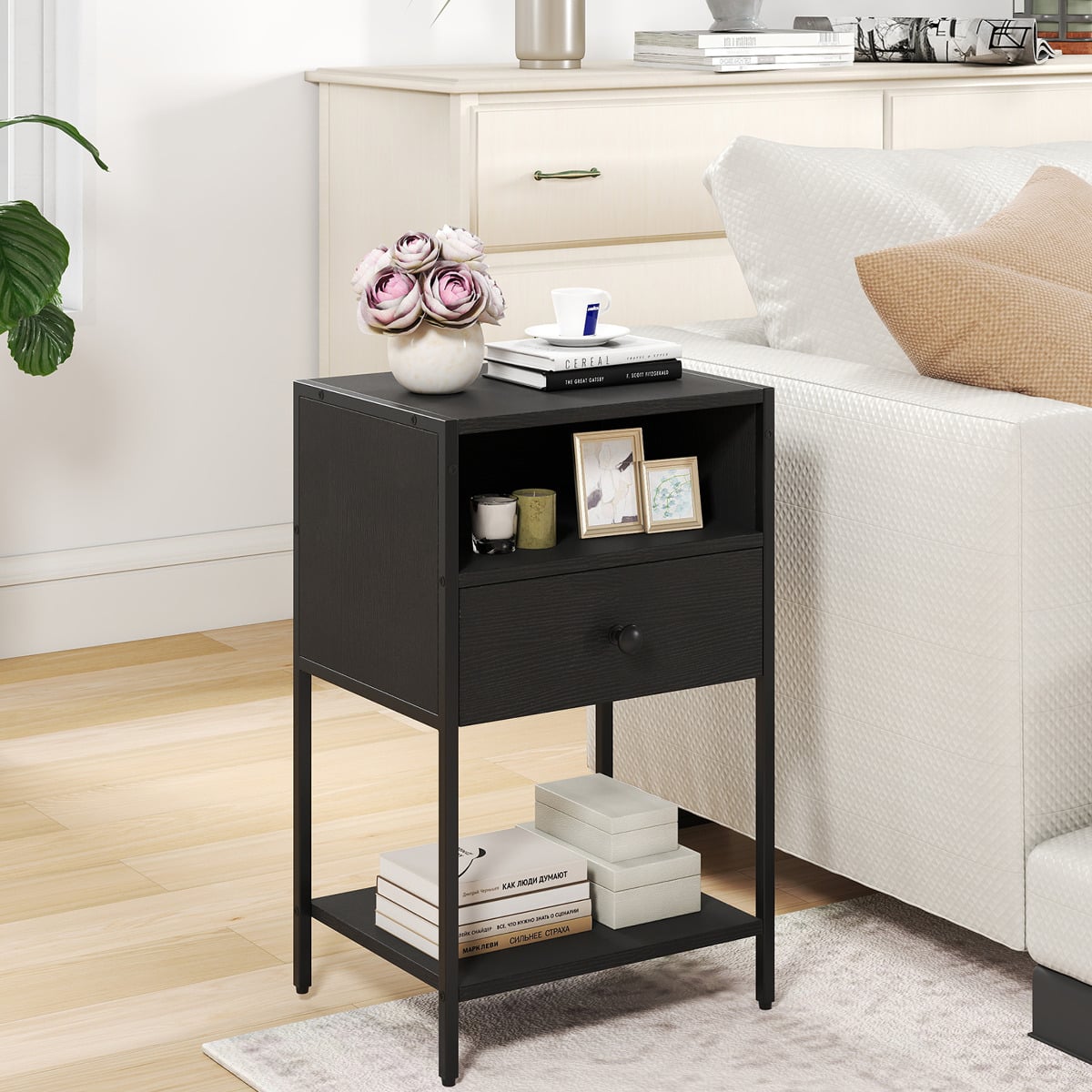 Nightstand with Open Compartment and Storage Shelf-Black