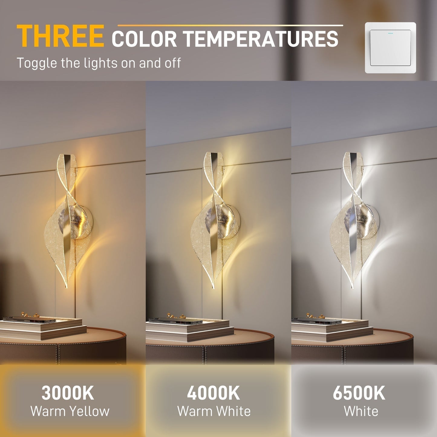 HOMCOM Led Wall Lamp 2 Pack, 13W Modern Indoor Spiral Wall Light, Colour Temperature Adjustable 3000K/4000K/6500K, for Bedroom, Living Room, Hallway, Stairs, Silver Tone