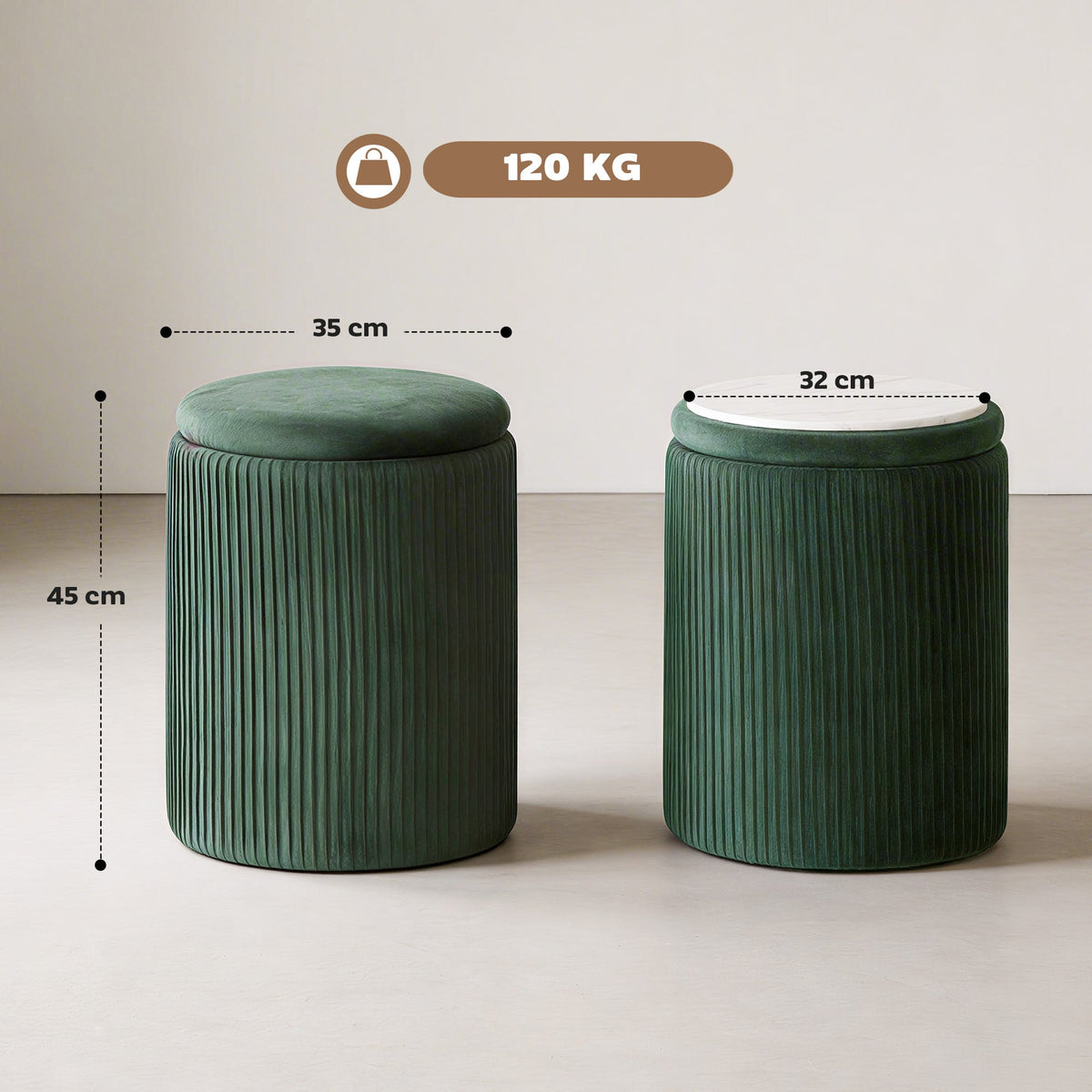 HOMCOM Storage Ottoman مسند قدم دائري عصري مخملي لغرفة المعيشة وغرفة النوم 45 سم أخضر داكن